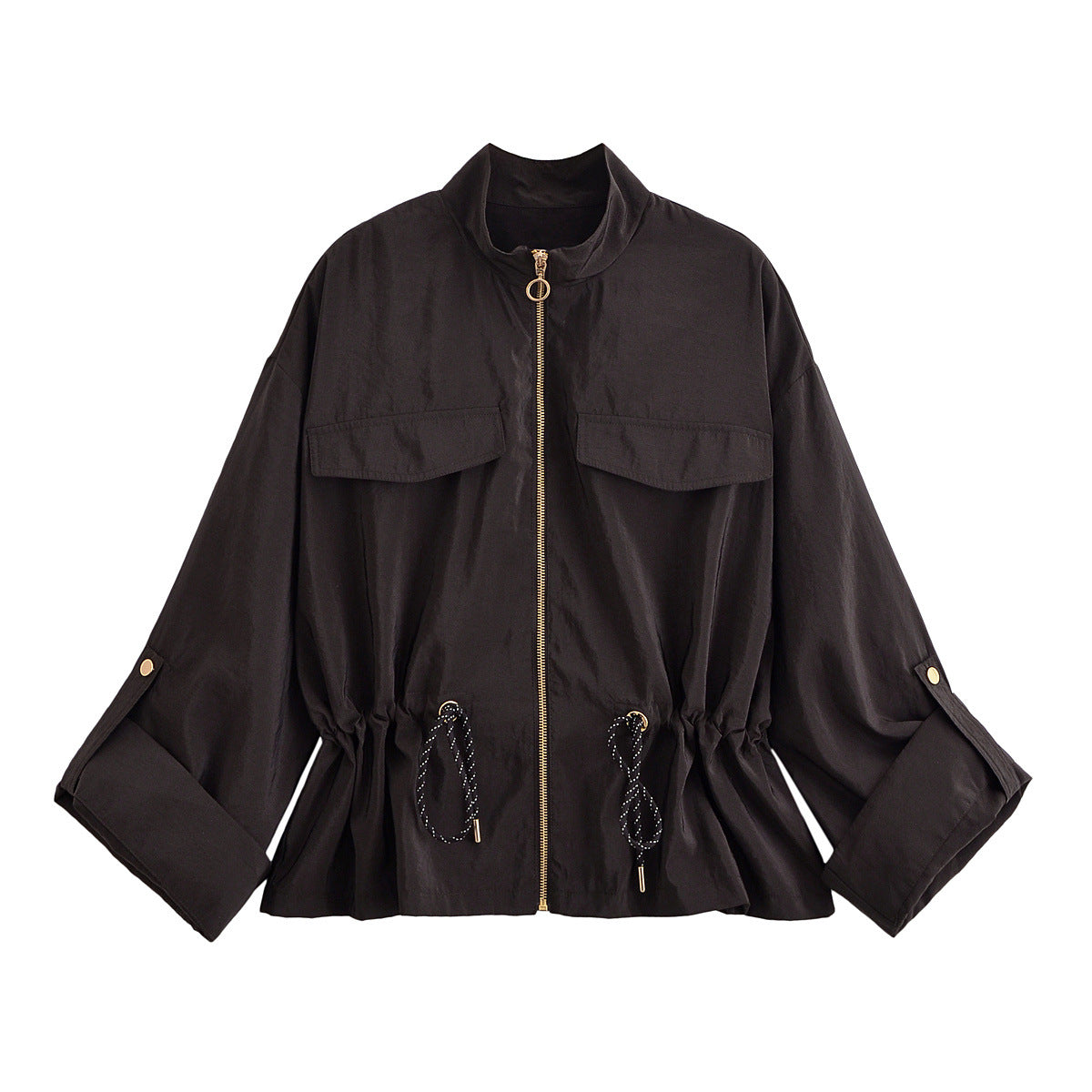 Stand collar workwear drawstring waist cinching jacket