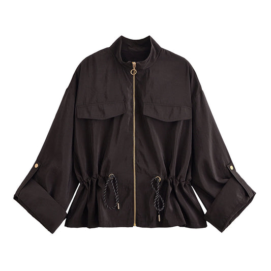 Stand collar workwear drawstring waist cinching jacket
