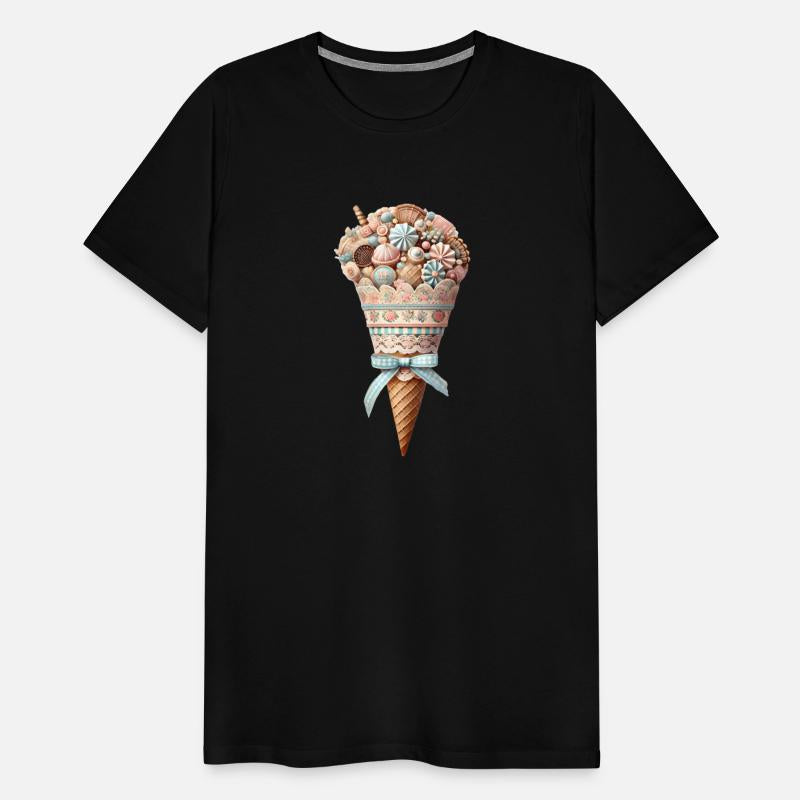 An ice cream cone filled with sweet delicacies
