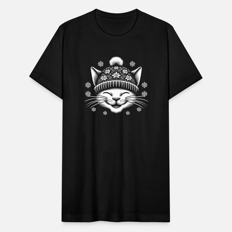 Cat in a winter hat, with snowflakes