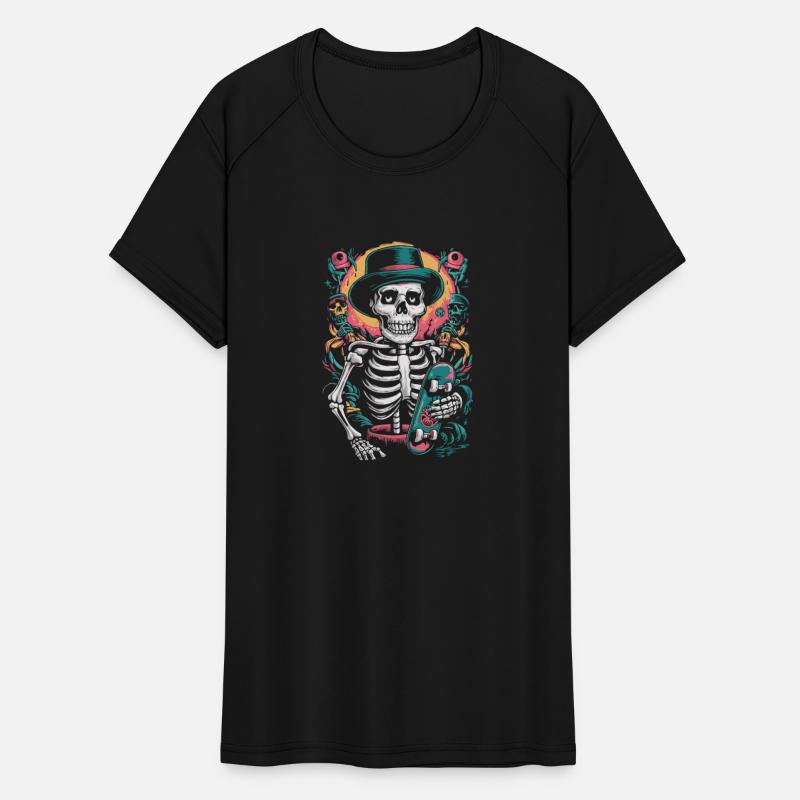 Skeleton wearing a hat and skateboarding