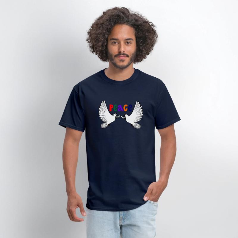 Two white peace doves with colored text in English