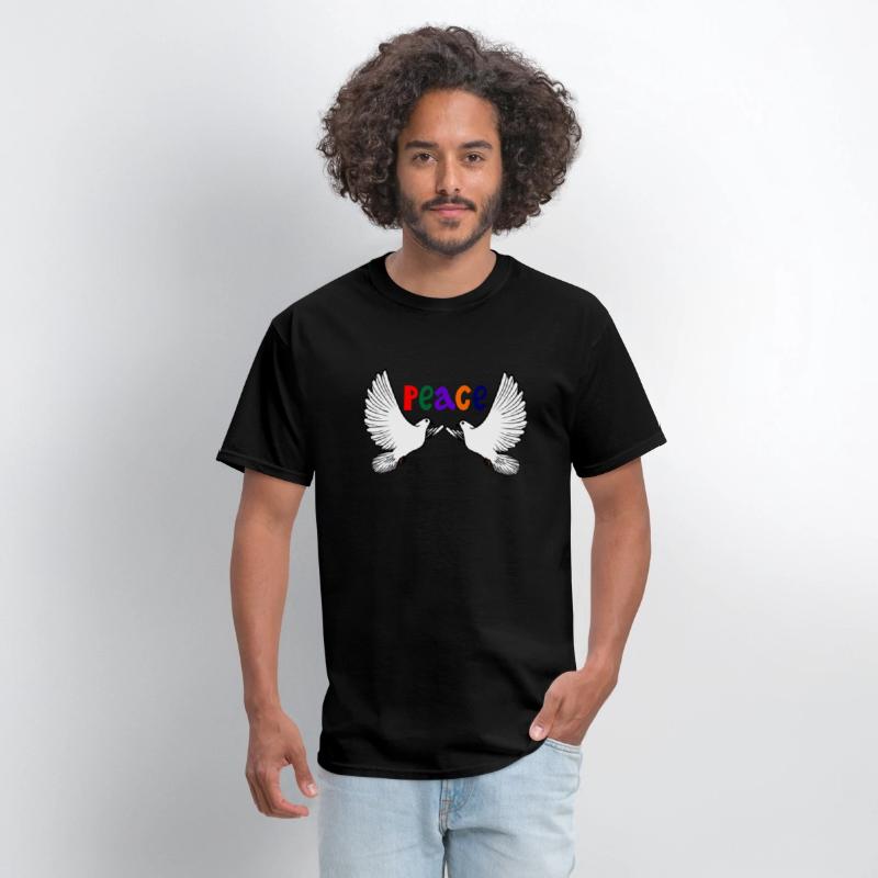 Two white peace doves with colored text in English